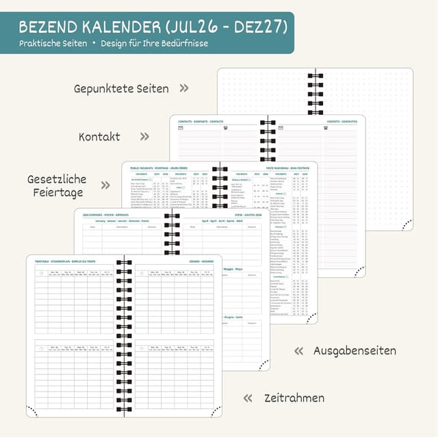 Detalle 2 de BEZEND Kalender 2026/2027 Klein Wochenplaner A6 (18 Monate) mit Ringbindung, Dunkelgrün