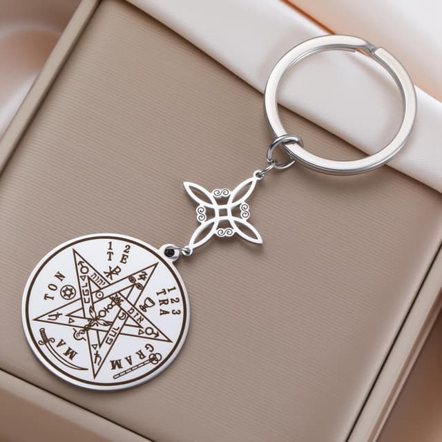 Detalle 2 de Dreamtimes Hexen-Knoten & Tetragrammaton-Pentagramm Schlüsselanhänger aus Edelstahl – mystisches Symbol für Taschen und Autoschlüssel