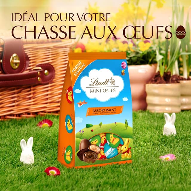 Detalle de Lindt mini œufs Pâques en sachet – assortiment chocolats au lait, pralinés et noirs, 350 g