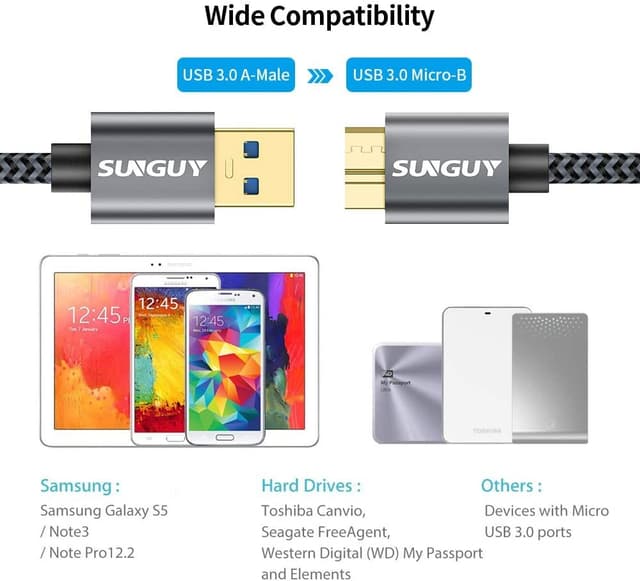 Detalle 2 de Câble USB 3.0 SUNGUY Micro B (USB-A mâle vers Micro B) 5 Gbps, 1 m