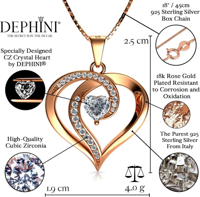 Detalle de DEPHINI Doppel-Herz Anhänger Halskette aus 925 Sterling Silber mit Zirkonia, rhodiniert (45 cm)