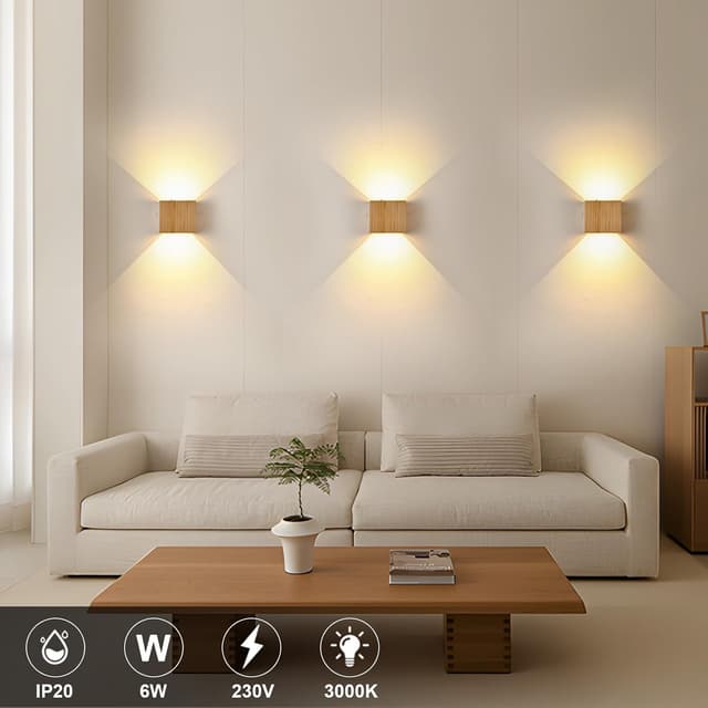 Detalle de Doughelec LED-Wandleuchte aus Holz, 6 W, 3000 K warmweiß – innen, IP20, up & down, einstellbarer Abstrahlwinkel