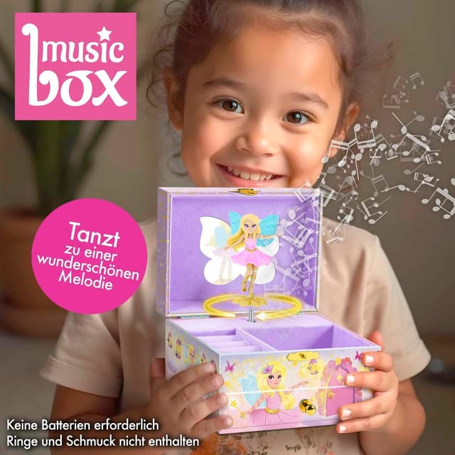 Detalle de MUSIC BOX Fairy Spieluhr mit Melodie – Mädchen-Schmuckkästchen mit drehbarer Fee, Spiegel & Schublade