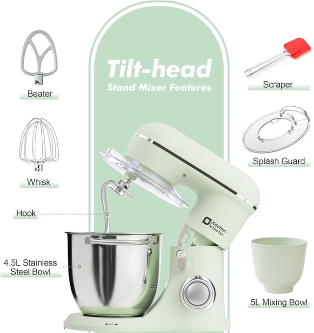 Detalle de Kitchen in the box stand mixer (4.5L + 5L) with 10 speeds, dough hook, whisk & beater, 1300W, two-bowl design – light green
