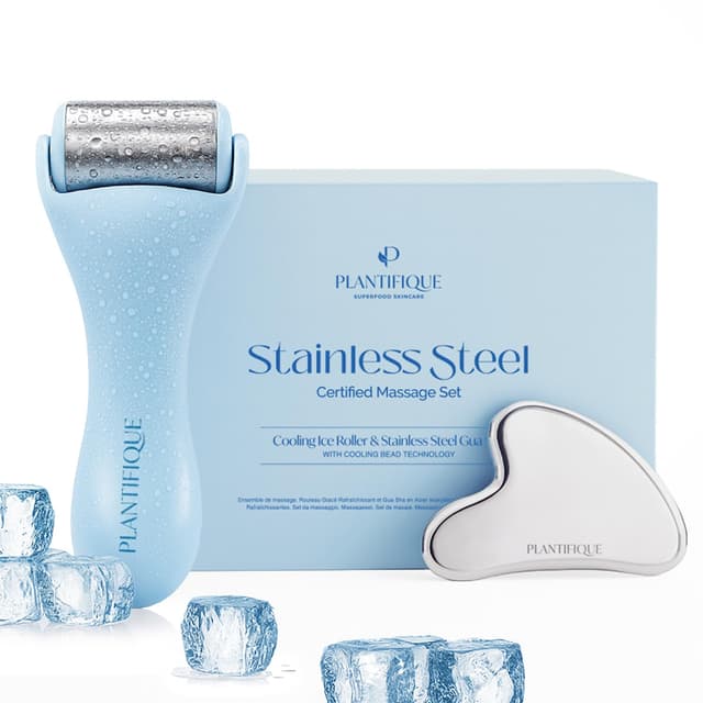 Detalle de PLANTIFIQUE Ice Roller & Gua Sha Edelstahl-Set für Gesichtsmassage – kühlender Beauty-Tool zur Lymphdrainage & Hautstraffung