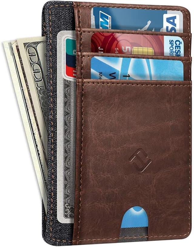 Detalle de FINTIE Flache Geldbörse Kartenetui RFID-Blocker Slim mit ID-Fenster – Braun (12 x 8,5 x 0,5 cm)
