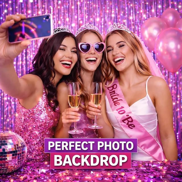 Detalle 2 de Melsan 3-Pack Tinsel Fringe Curtain Backdrops for Easter, Pinkish Purple (Photo Booth & Party Decor)