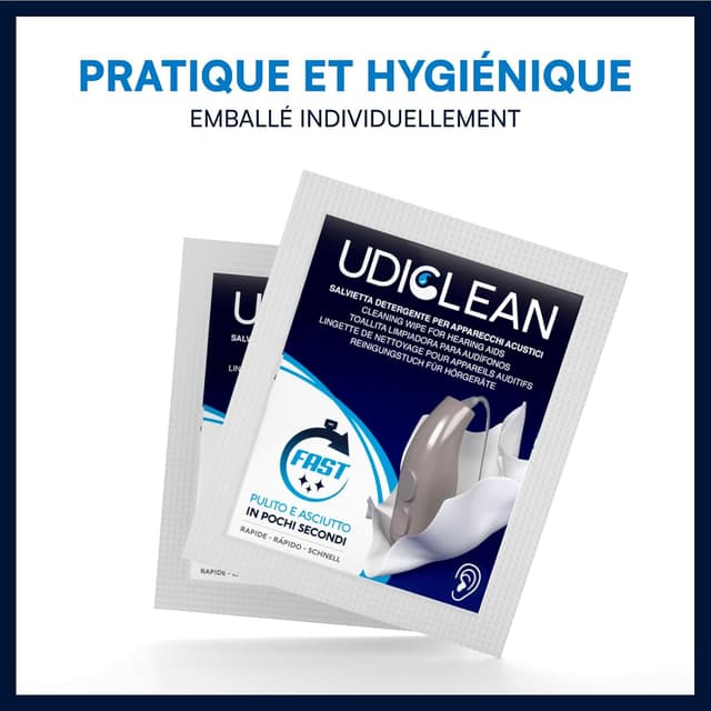 Detalle 2 de 200 lingettes humidifiées Udiclean, emballées individuellement, pour appareils auditifs et implants cochléaires