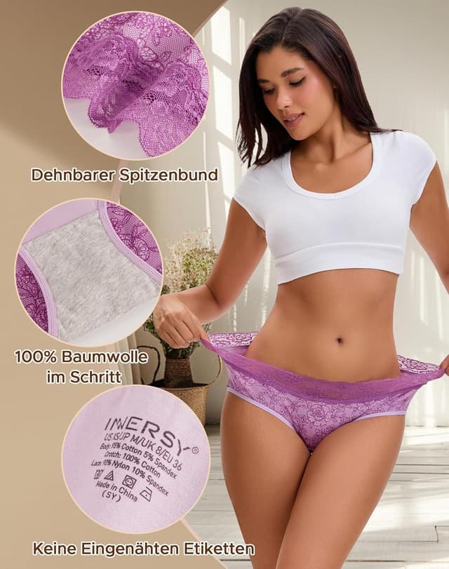 Detalle de INNERSY Damen-Slips aus Baumwolle mit Spitze (Mehrpack 6) – bequeme Hipster Unterwäsche