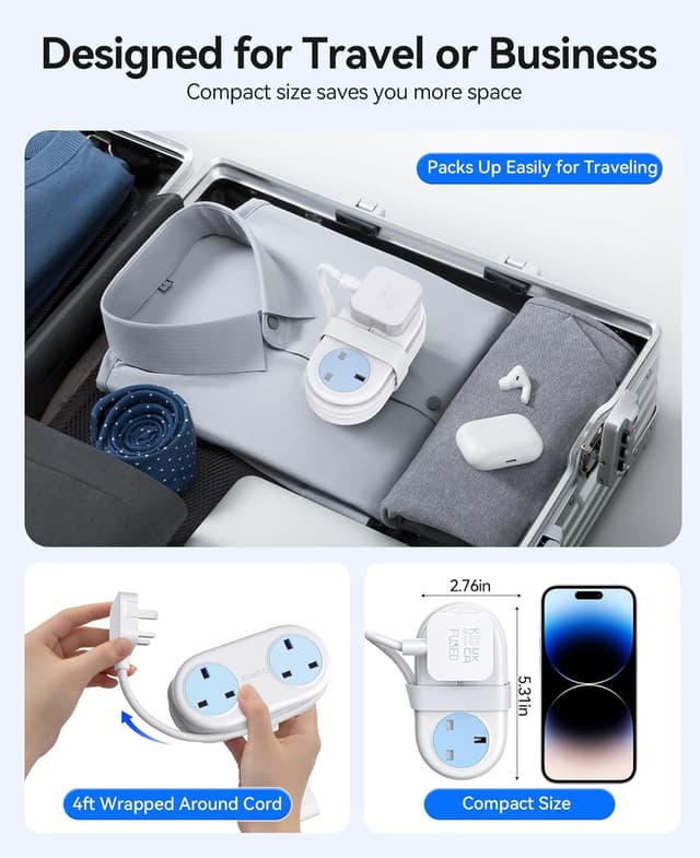 Detalle 2 de ORICO Travel Extension Lead with USB Slots, 2 AC outlets & 3 USB ports (1 USB-C) – 13A 3250W, rollable power strip