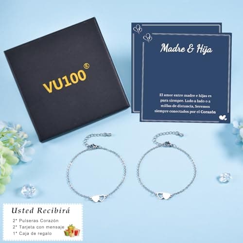 Detalle 2 de VU100 Pulsera Madre e Hija de acero inoxidable 316L (2 piezas) con corazón y mensaje