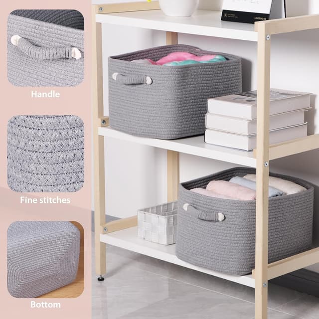 Detalle de Univivi 3-Pack Rope Storage Baskets (White/Grey) for Shelves & Home Organisation