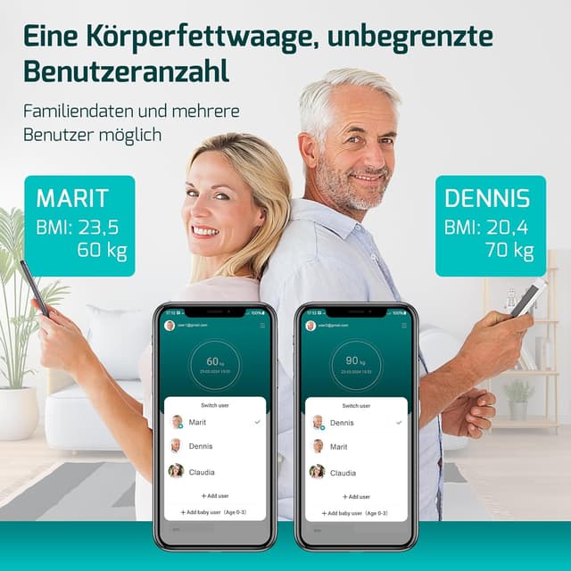 Detalle de Digitale Personenwaage „Testsieger 2025“ – Körperanalysewaage bis 225 kg mit App & 17 Messwerten (Schwarz)