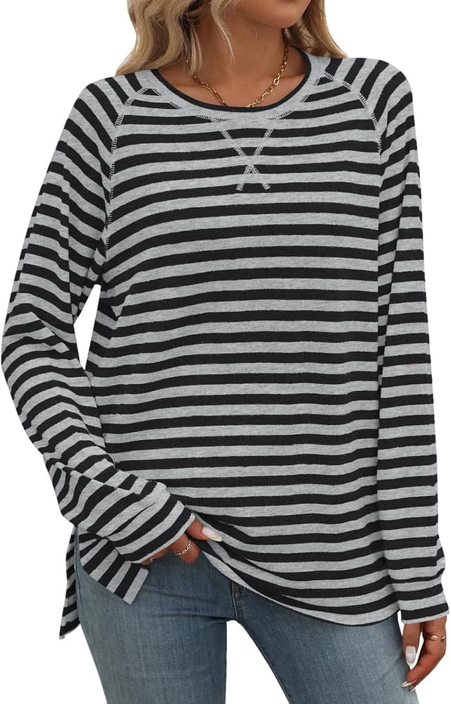 Detalle de Flikity women’s striped long-sleeve crew neck sweatshirt (rayon/polyester blend) – casual tunic tops, M–XXL