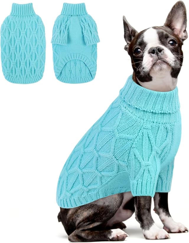 Detalle de Queenmore French Bulldog Jumper – Stretchy Warm Turtleneck Knitted Dog Sweater (Greyhound/Labrador/Border Collie), Lake Blue, L