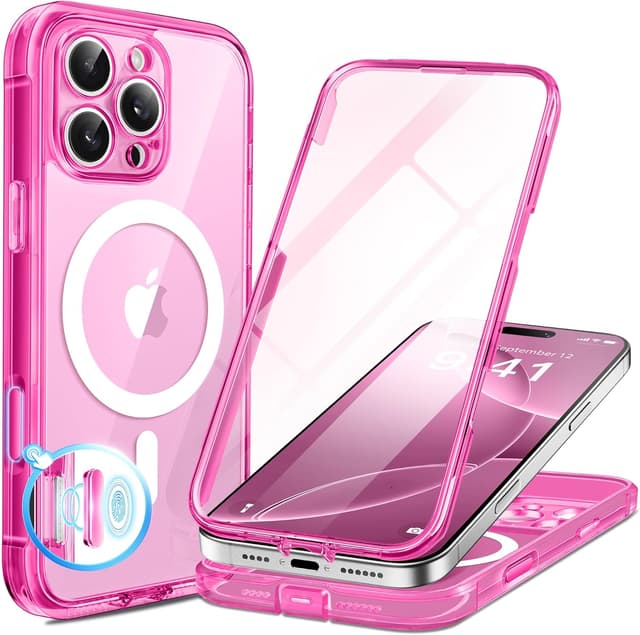 Detalle de BERFY iPhone 16 Pro Max Case with MagSafe + Built-in 9H Tempered Glass Screen Protector (Clear Bright Pink)