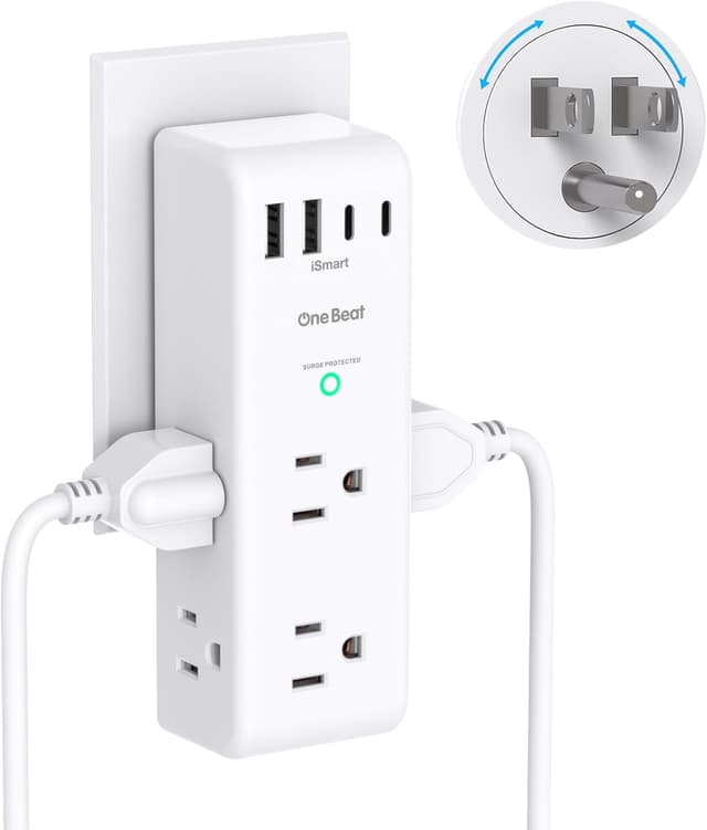 Detalle de Surge Protector Outlet Extender with Rotating Plug — 6 AC Outlets + 4 USB (2 USB-C), 1800J surge protection