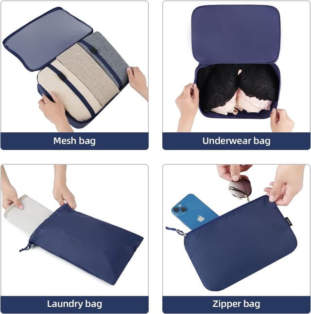 Detalle de BAGAIL 10er-Set Packwürfel in verschiedenen Größen (Marineblau) – Packorganizer für Reise & Handgepäck