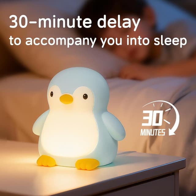 Detalle de JMG-Myratts Myratts Kids Night Light – soft silicone penguin lamp with dimmer & 20-minute timer (USB rechargeable)