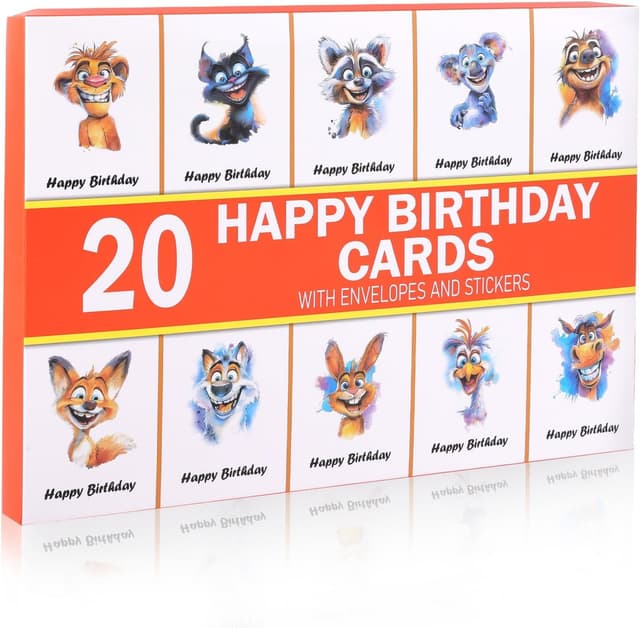 Detalle 2 de 20 Pack Animal Birthday Cards with Envelopes (12 x 17 cm) & Stickers – Multipack for Bulk Birthday Greetings