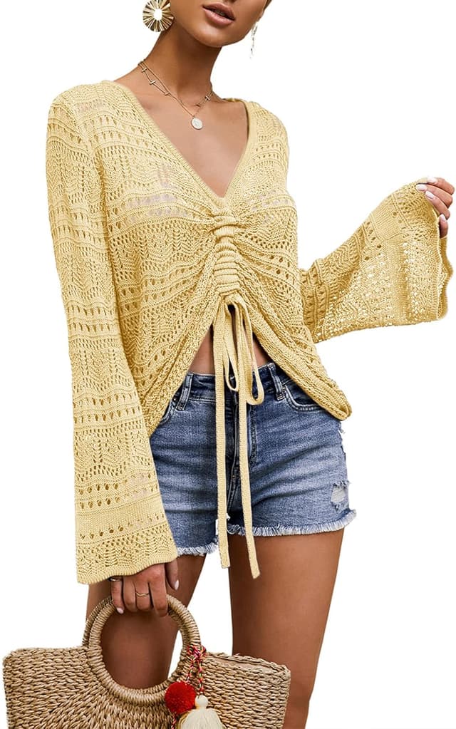 Detalle de Saodimallsu Women’s Boho Off-Shoulder Sheer Crochet Crop Top with Bell Sleeves