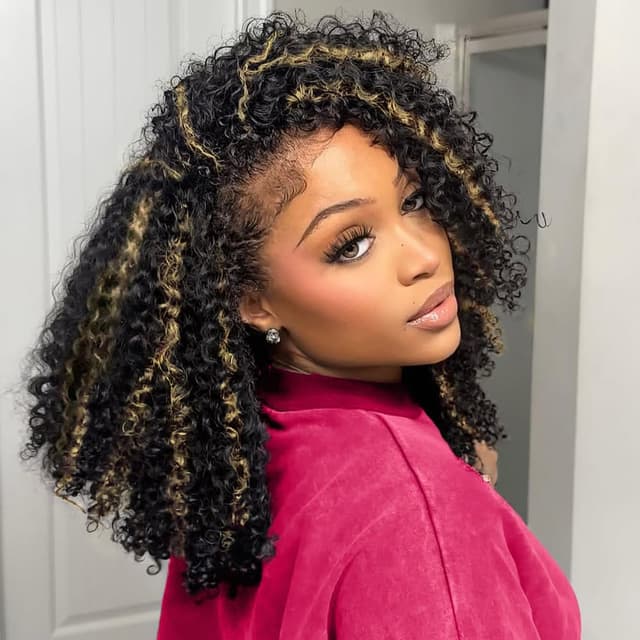 Detalle de Half Wig Human Hair 3 In 1 Kinky Curly Glueless Balayage Ombre Brown 250% Density (16 Inch) — Wear Go Drawstring Flip Headband Wig