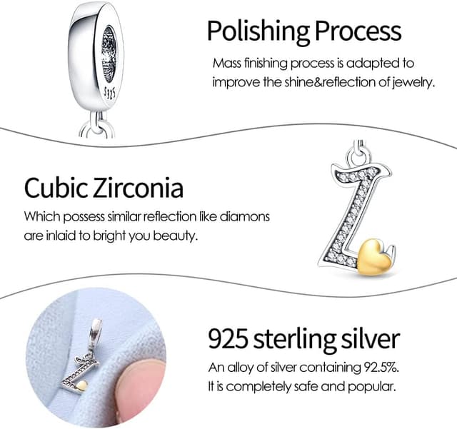Detalle 2 de LIGHTDOG Charms lettres en argent 925 (zincirconium doré) pour bracelets européens compatibles