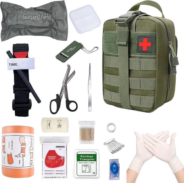 Detalle de Erste Hilfe Set mit taktischer Tasche (Trauma Kit) – 17-in-1 Survival Kit für Camping, Jagd, Wandern, Auto & Zuhause