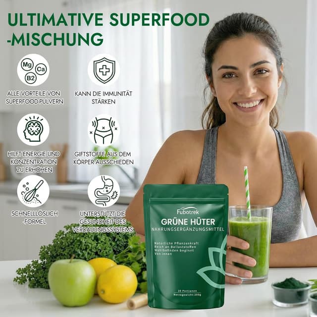 Detalle de Grüner Helper „Grüne Entgiftungspulver“ (200 g) – Superfood-Pulver mit Matcha, Gerstengras, Spirulina & Heidelbeeren, vegan