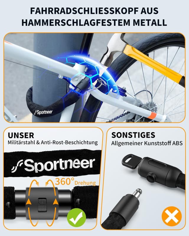 Detalle 2 de Sportneer lucchetto catena bici 8 mm