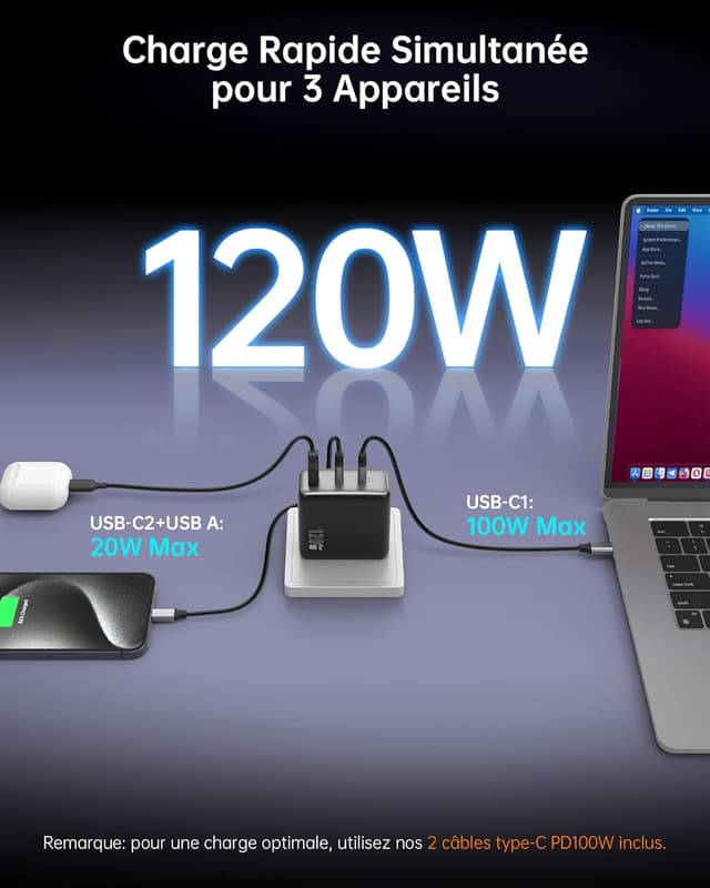 Detalle de Chargeur NOVOO USB‑C 120W pour MacBook Pro/Air, GaN III avec câble PD 100W (multiport)
