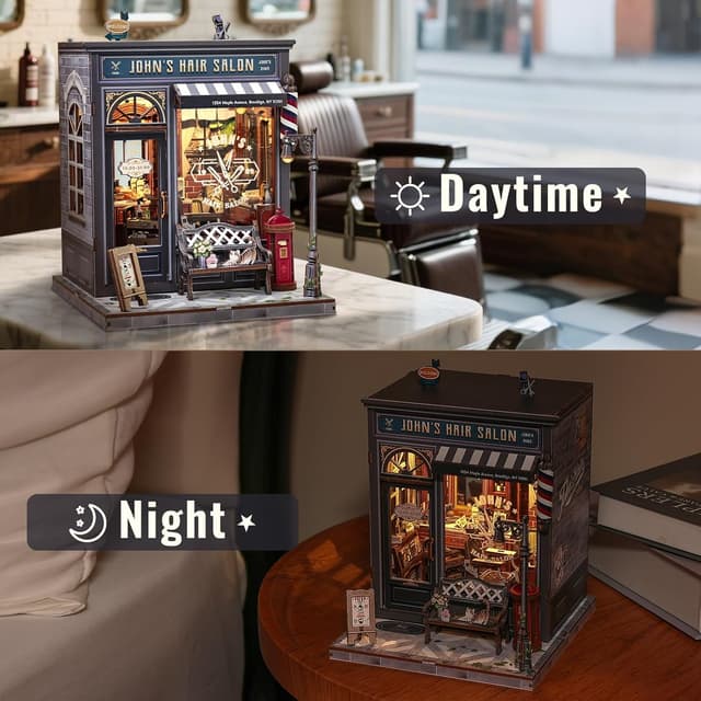 Detalle de CUTEBEE Book Nook Kit „John's Hair Salon“ – Miniatur-Puppenhaus mit LED-Beleuchtung & 3D-Holz-Puzzle