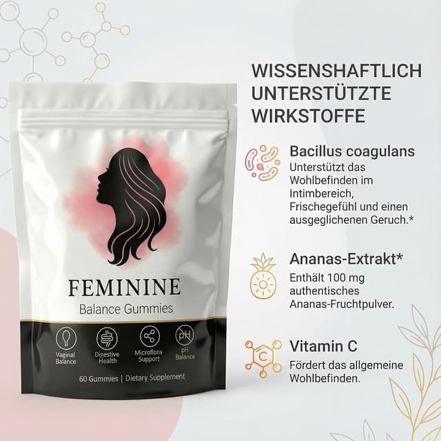 Detalle de Feminine Balance Gummies für Frauen – Premium vegane Gummis mit Ananasgeschmack (60 Stück)