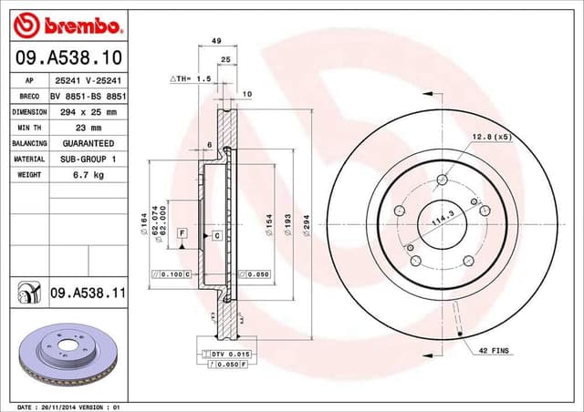 Thumbnail 1 de Brembo 09.A538.11 front brake rotor