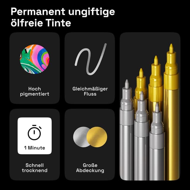 Detalle de Artistro 6 Gold & Silber Acrylstifte (wasserbasiert) – 6er Set mit extra-feiner Spitze für Stein, Keramik, Glas & mehr