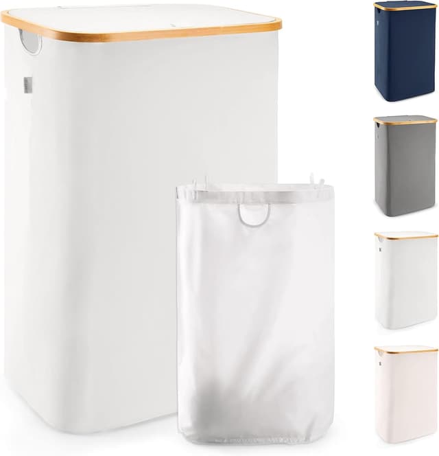 Detalle de LONBET 100L panier à linge avec couvercle et cadre en bambou, sac amovible et poignées latérales (gris clair)