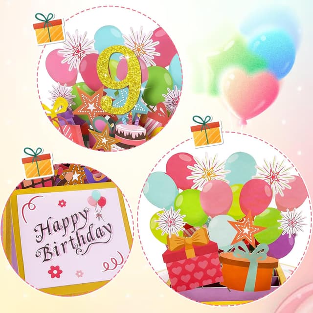 Detalle de Hierein 9th Birthday Pop Up Card (Pink) – 3D Golden “9” for a 9 Year Old Girl