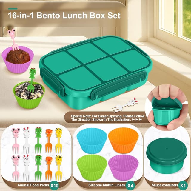 Detalle de Amathley kids bento lunch box with 6 compartments, leakproof divider design and sauce pot (green)