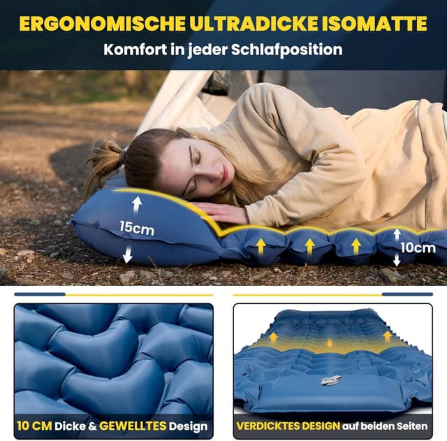 Detalle 2 de HIKENTURE Camping-Isomatte (10 cm) mit Fußpumpe – 198 × 70 cm, aufblasbar