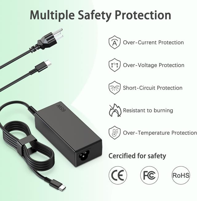 Detalle de heesky 65W USB-C Chromebook Charger (Type C) for HP, Acer, ASUS, Dell, Lenovo, Samsung, and Google Laptops