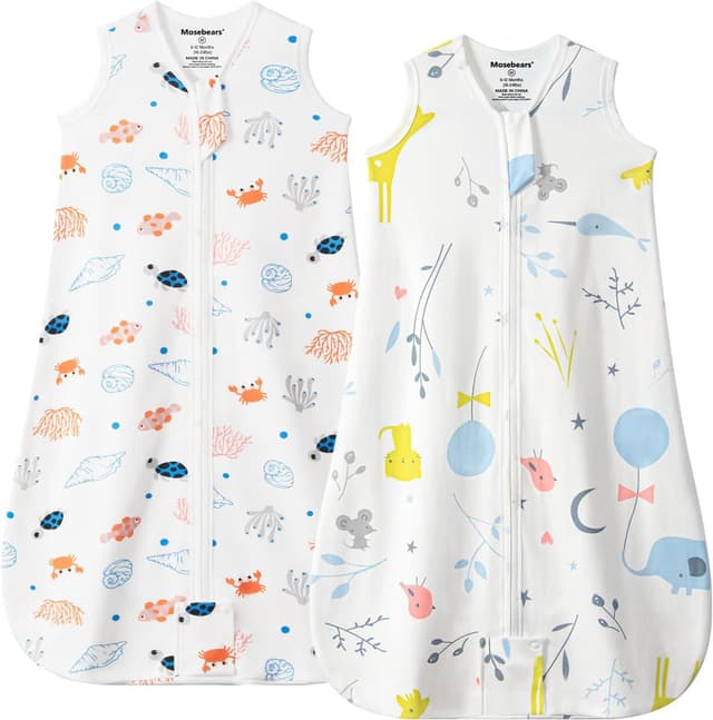 Detalle de Mosebears Sacco nanna estivo per bambini 0,5 Tog in cotone traspirante (2 confezioni, M 6-12 mesi) con fantasia animali