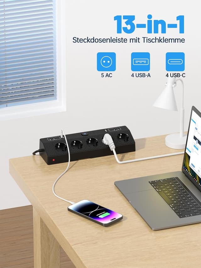 Detalle de PASSUS Tischsteckdose Steckdosenleiste mit Überspannungsschutz (4000 W / 16 A), 4 USB‑C & USB‑A, 2 m Kabel, schwarz
