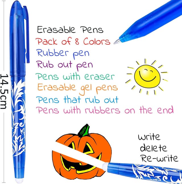 Detalle de 8 Erasable Rub Out Pens (0.5mm) with End Rubber Eraser – Coloured Gel Pens for Office, School & Planning