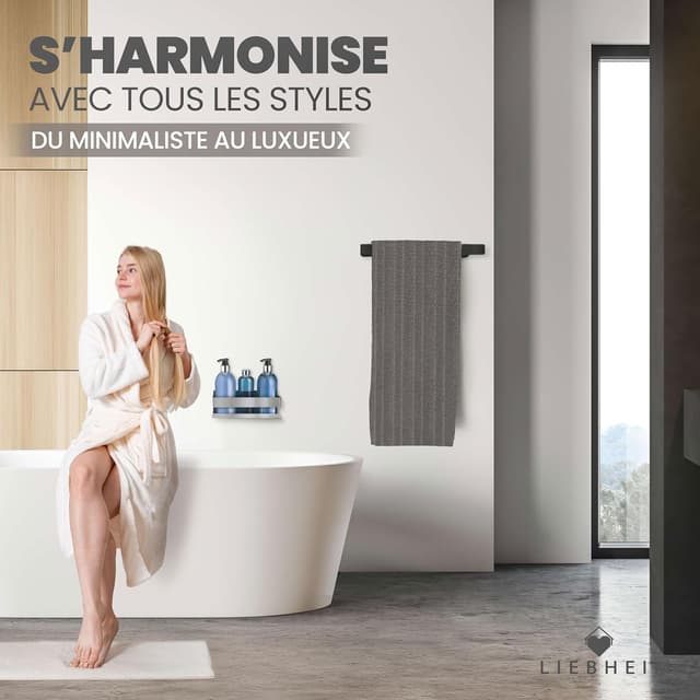 Thumbnail 6 de LIEBHEIM porte-serviette mural sans perçage en aluminium noir – 40 cm
