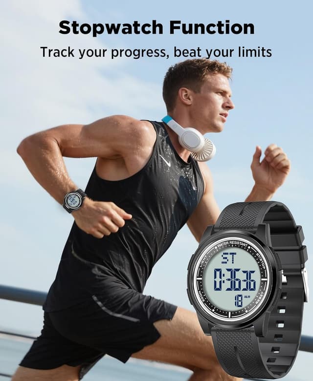 Detalle 2 de WIFORT Mens Waterproof Digital Sports Watch (5ATM) with Countdown, Dual Time, Stopwatch & Backlight
