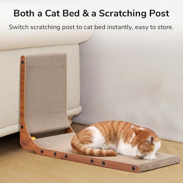 Thumbnail 6 de FUKUMARU Cat Scratcher 68cm L-Shaped Cardboard Scratch Pad with Ball Toy (Walnut)