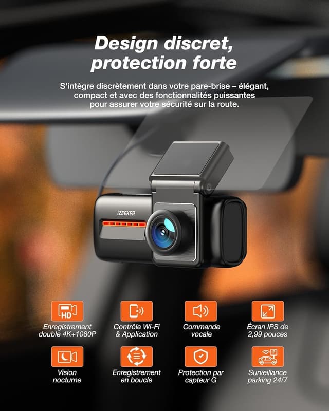 Detalle 2 de iZEEKER Dashcam 4K double caméra avant/arrière avec Wi‑Fi 6 et écran IPS 2,99