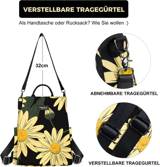 Detalle de Fmeida Damen-Rucksack Anti-Diebstahl aus Nylon – 2-in-1 Schultertasche & Daypack (wasserabweisend)