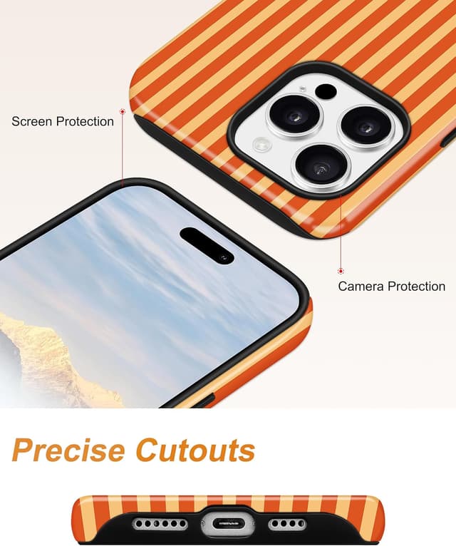 Thumbnail 4 de Jusy Magnetische Handyhülle für iPhone 16 Pro Max – gestreiftes Sommer-Design mit MagSafe und 2-teiliger Stoßschutz-Bumper Case (Orange)