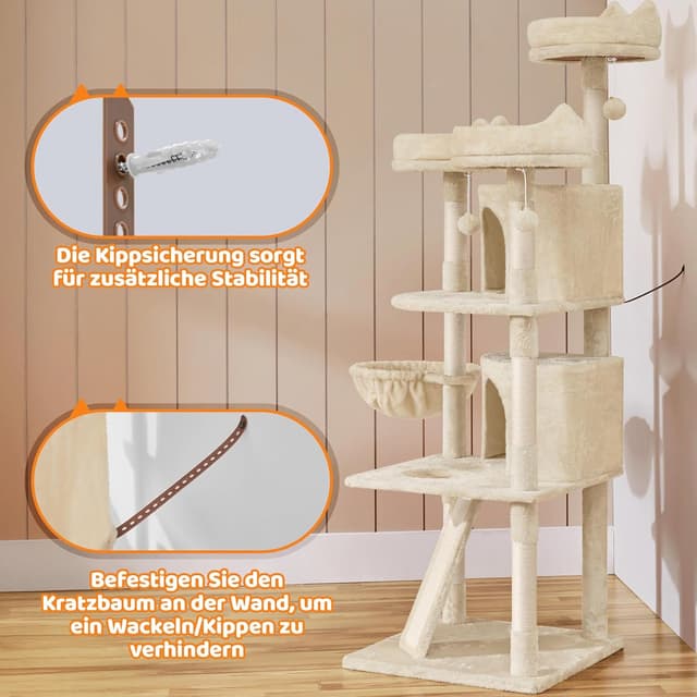 Thumbnail 6 de Yaheetech Kratzbaum 174 cm mit 3 Aussichtsplattformen und Spielhaus (beige)